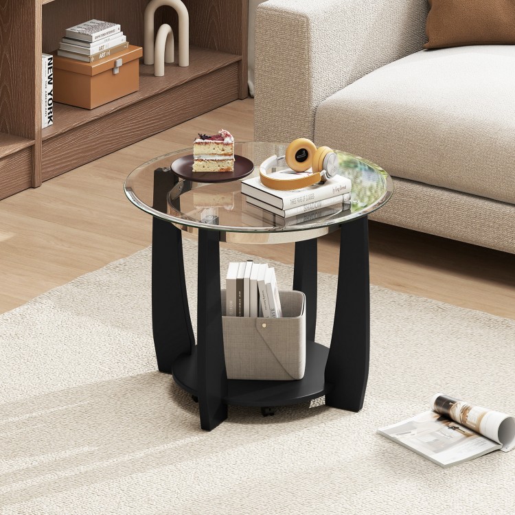 Round 32" black coffee table with a glass top and storage shelf, featuring a solid wood frame and wheels for easy.