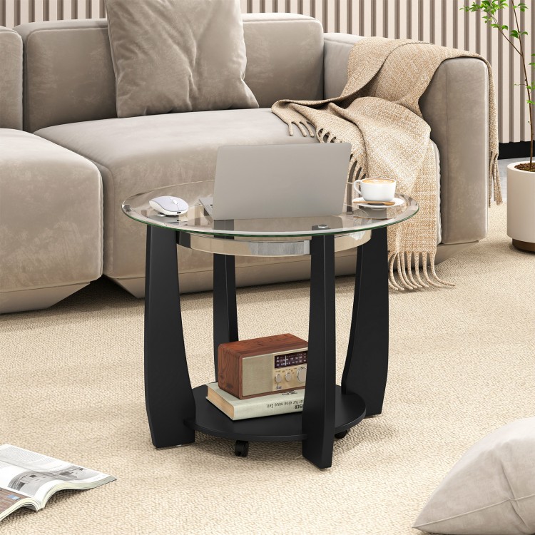 Round coffee table with a 32" tempered glass top and black rubber wood frame, featuring a storage shelf and wheels for.