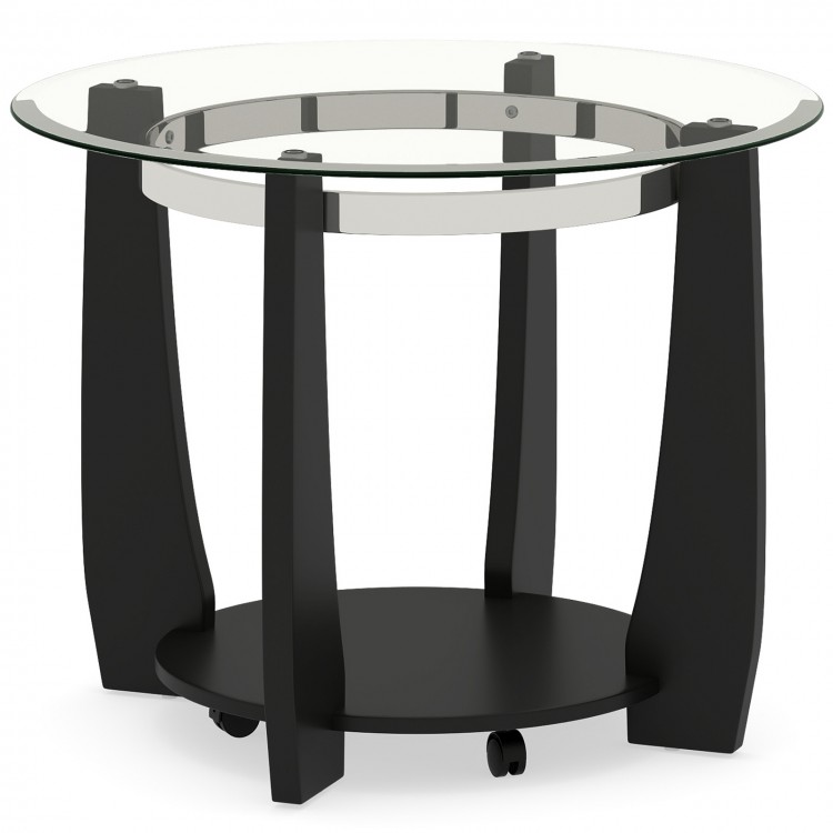 Round coffee table with a 0.31" tempered glass top, black rubber wood frame, and storage shelf on wheels for easy.