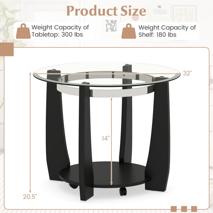 32" round coffee table with a black rubber wood frame, tempered glass top, and storage shelf, ideal for living room use.