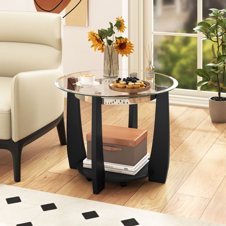 Round coffee table with a 0.31" tempered glass top and black rubber wood frame, featuring a storage shelf and wheels.