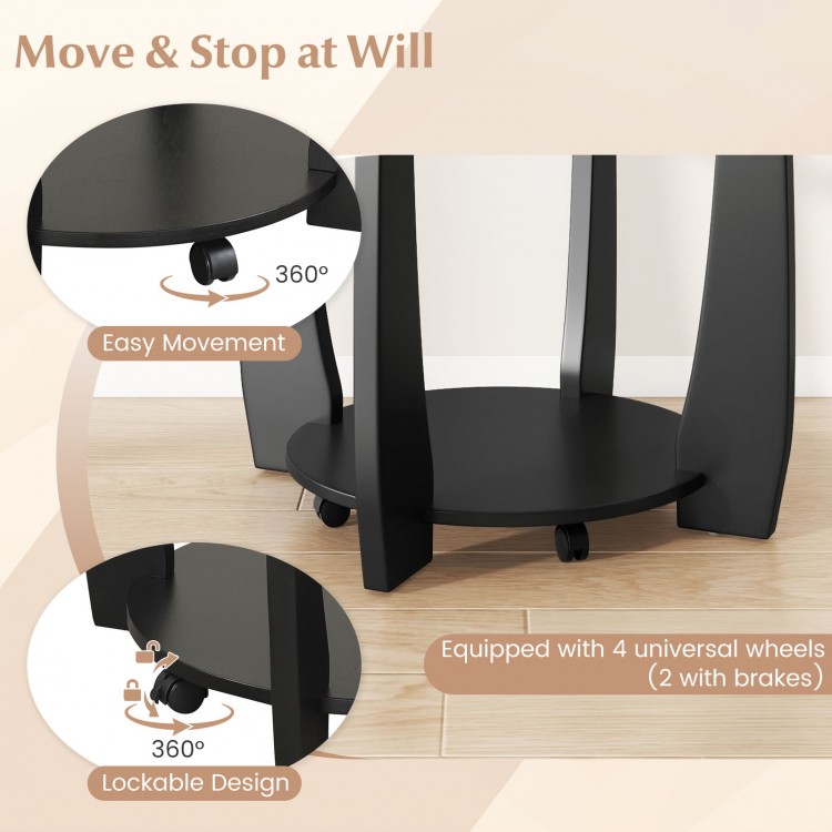 Close-up of the 32" black coffee table's lockable wheels, featuring a sturdy rubber wood frame and tempered glass top.