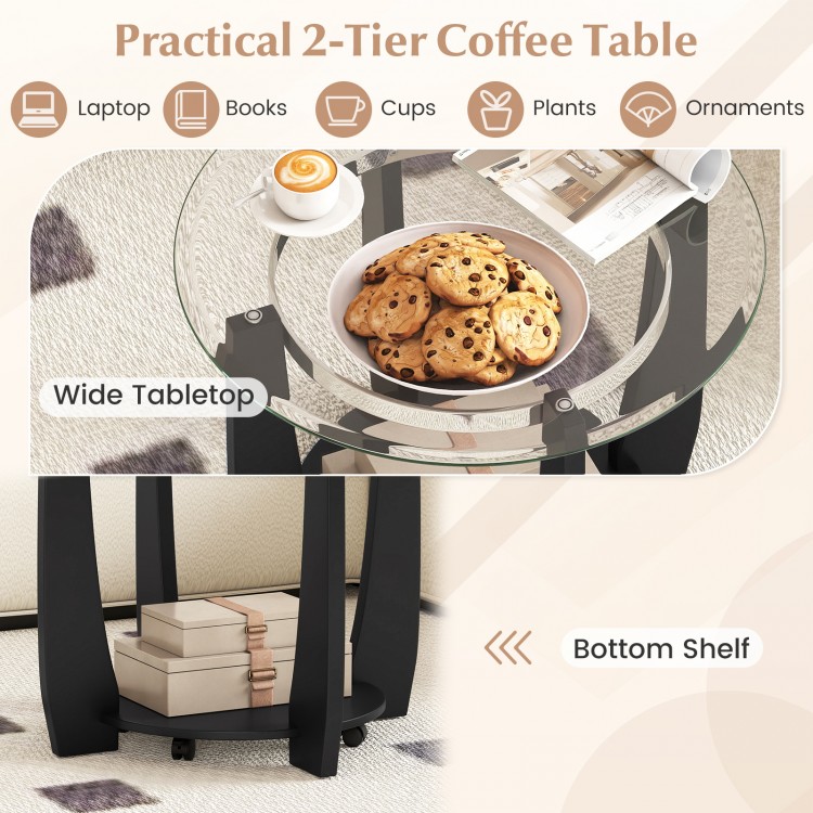 Round 32" black coffee table with tempered glass top and bottom shelf, ideal for cups, plants, and easy mobility with.