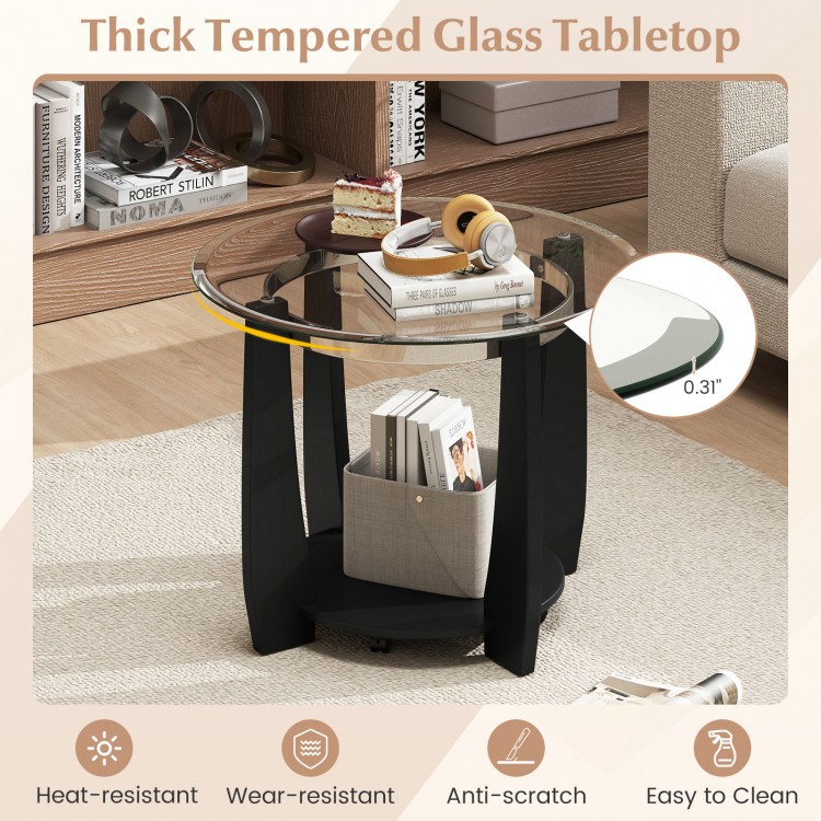 Round coffee table with a 0.31" thick tempered glass top, black rubber wood frame, and storage shelf for versatile use.
