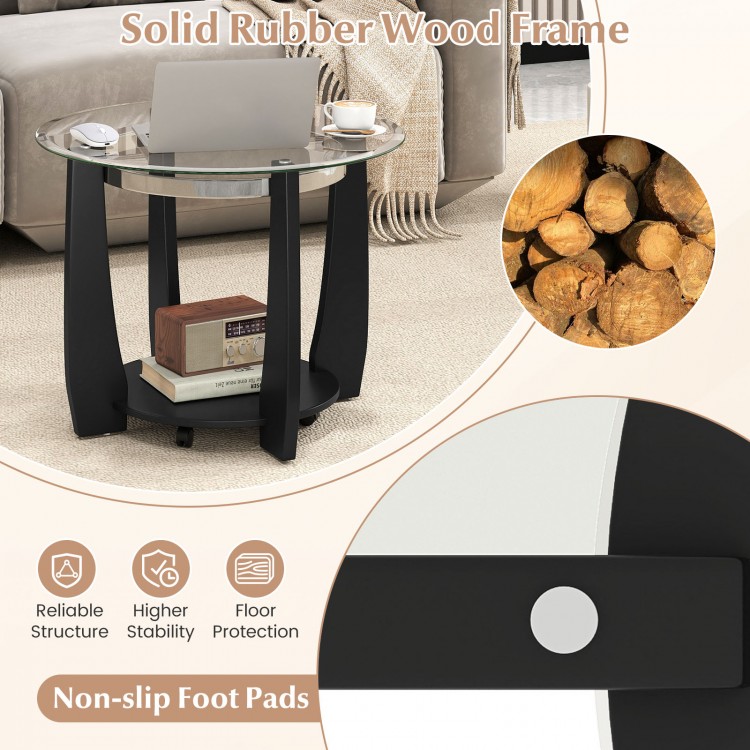 32" round coffee table with a solid rubber wood frame, tempered glass top, and storage shelf for versatile use.