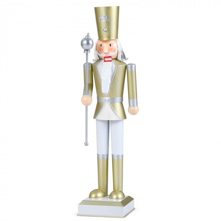 32.5-inch Christmas nutcracker with a golden scepter and sturdy base, ideal for festive indoor or outdoor displays.