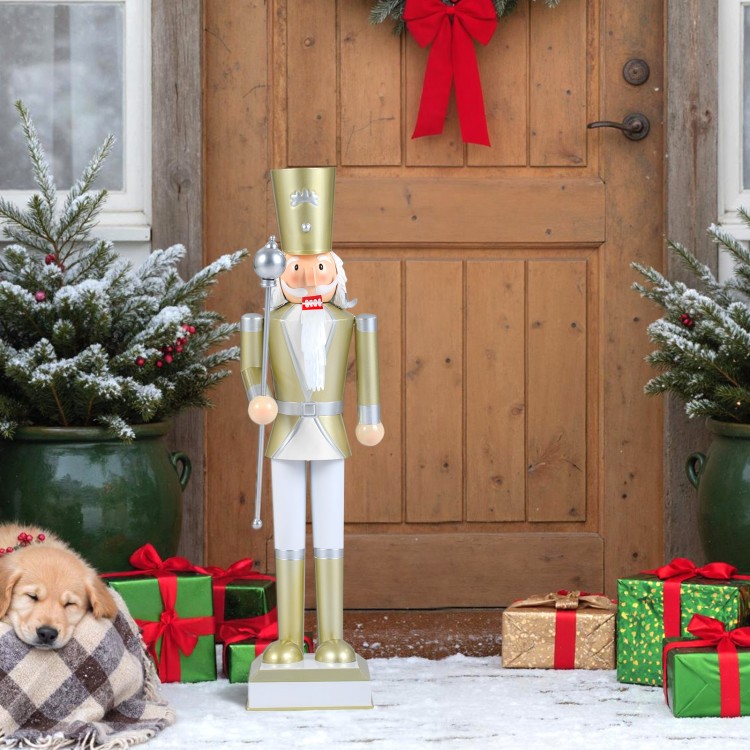 32.5-inch Christmas nutcracker with a golden hat and scepter, perfect for indoor or outdoor holiday decoration.