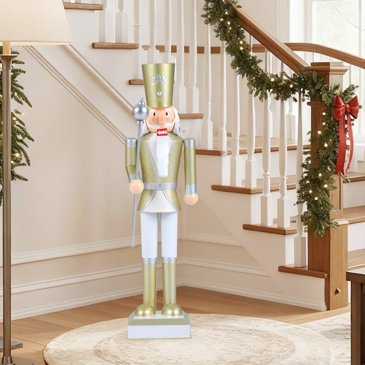 32.5-inch Christmas nutcracker in white and gold, featuring a high hat and scepter, perfect for holiday decoration.