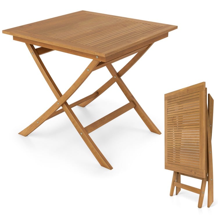 32-inch square solid teak wood patio dining table with X-brace frame, perfect for intimate dining for 4, folds for.
