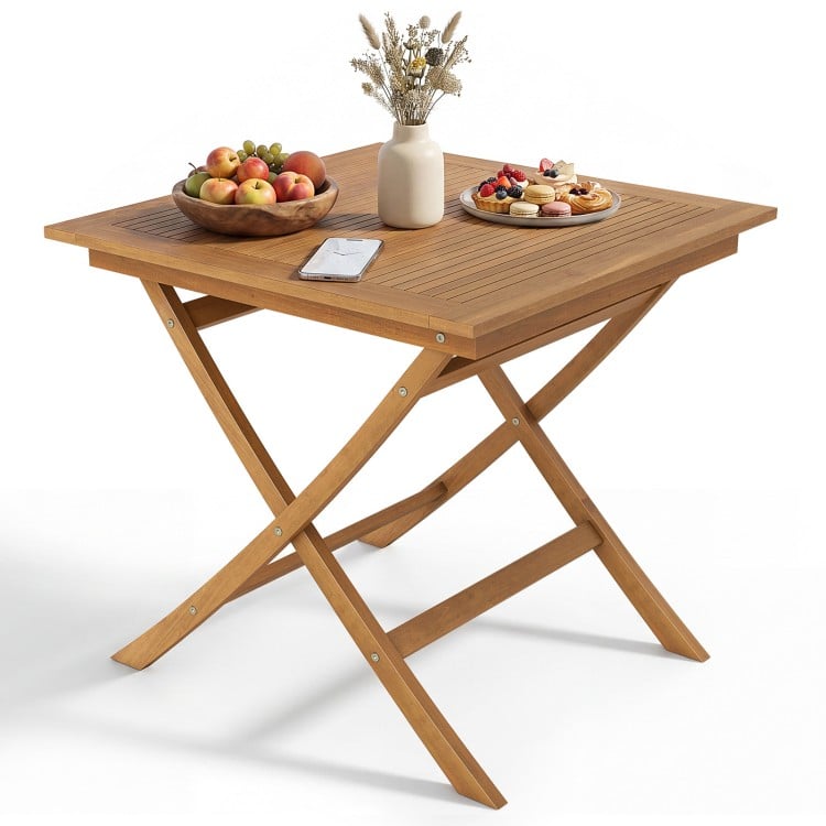 32-inch square solid teak wood patio dining table with a smooth surface, perfect for intimate dining for 4 people.