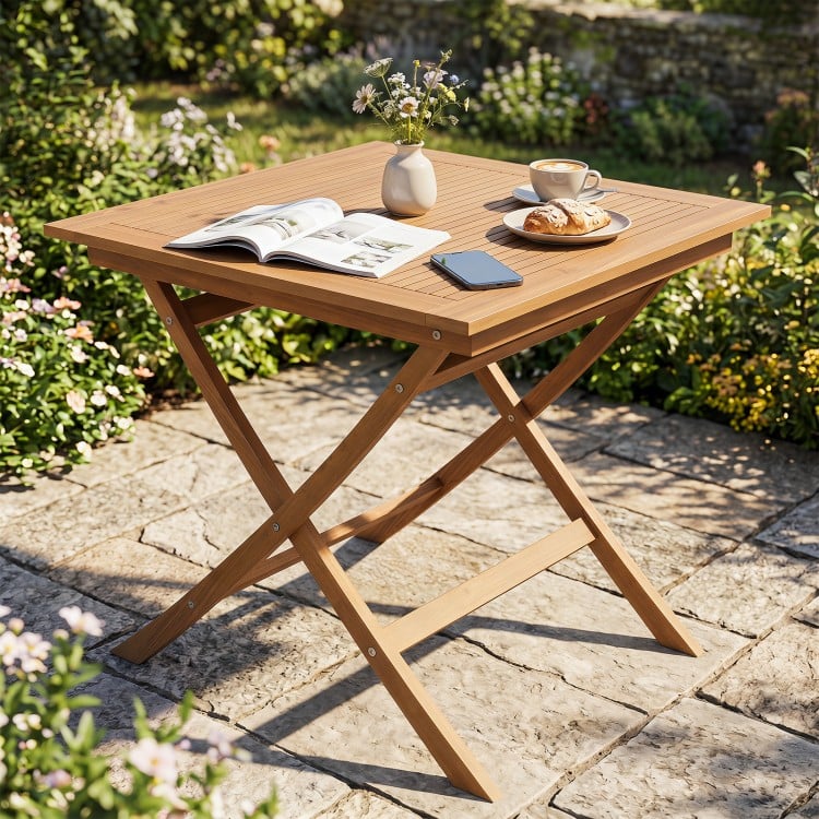 32-inch square solid teak wood patio dining table with X-brace frame, perfect for intimate dining for 4 in outdoor.