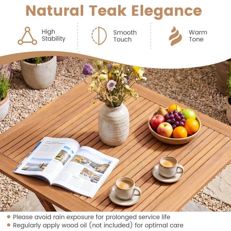 32-inch square solid teak wood patio dining table for 4, featuring a smooth touch and warm tone, ideal for outdoor.
