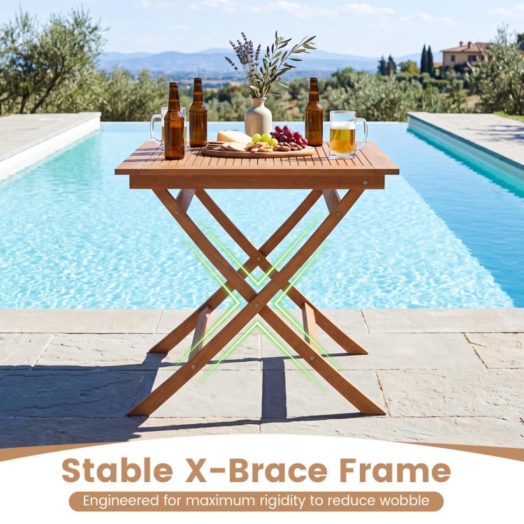 32-inch square solid teak wood patio dining table with stable X-brace frame, perfect for intimate dining for 4 outdoors.