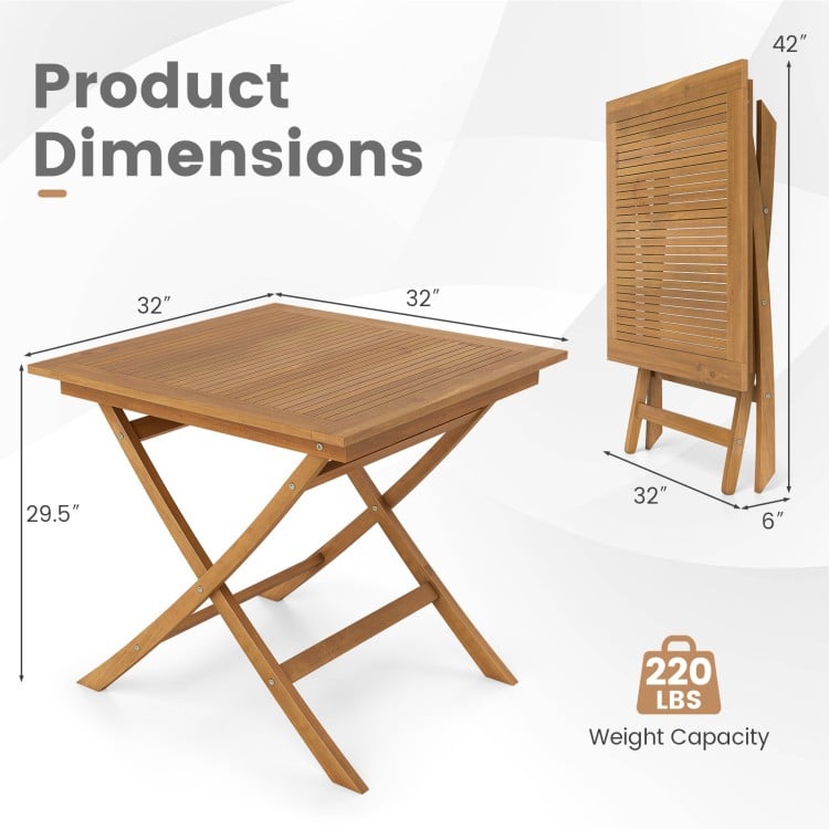 32-inch square solid teak wood patio dining table with a smooth surface, foldable design, and stable X-brace frame for.