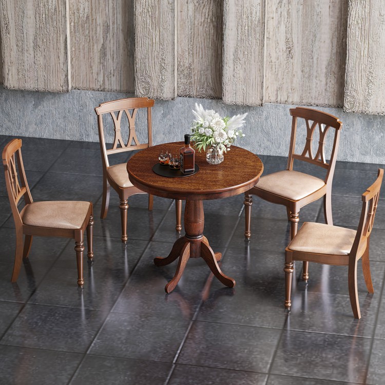 Round 32-inch wooden pub pedestal side table in walnut with four chairs, perfect for dining room or kitchen decor.