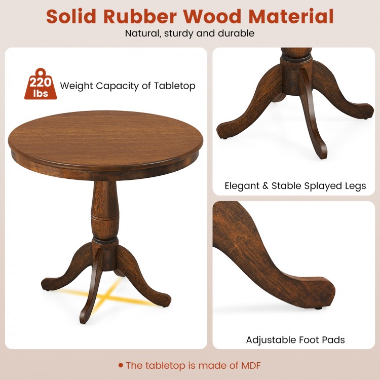32-inch round walnut pub pedestal side table with solid rubber wood, featuring adjustable foot pads for stability.