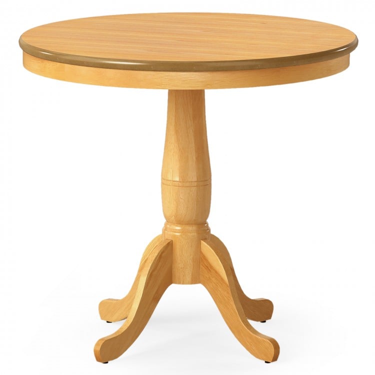 32-inch wooden round pub pedestal side table in natural finish, featuring a retro style and adjustable pads for.