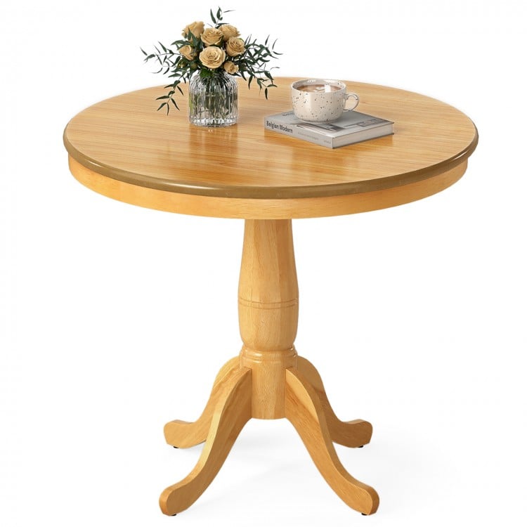 Natural 32-inch wooden round pub pedestal side table with a beautiful finish, perfect for dining rooms or kitchens.