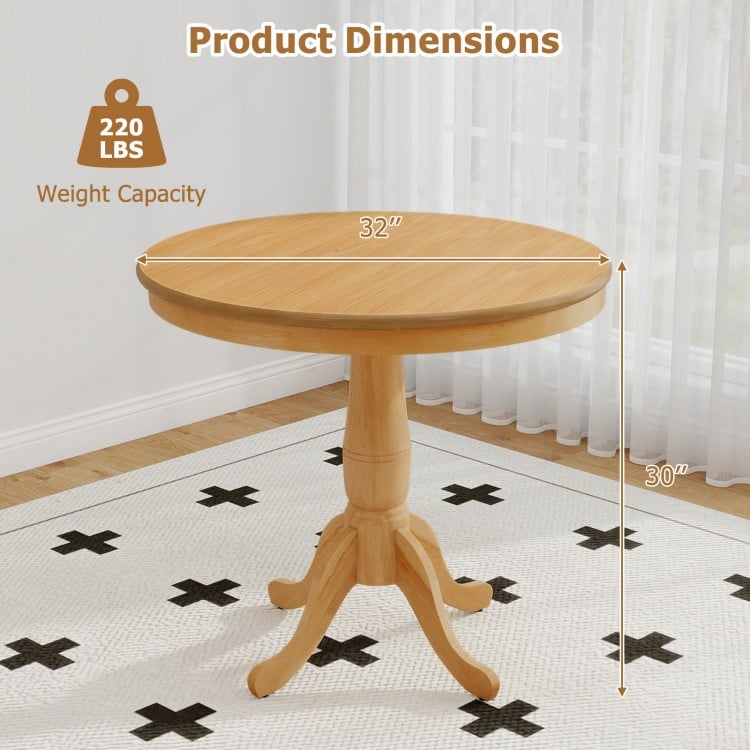 32-inch wooden round pub pedestal side table with natural finish, featuring adjustable pads and retro style for dining.