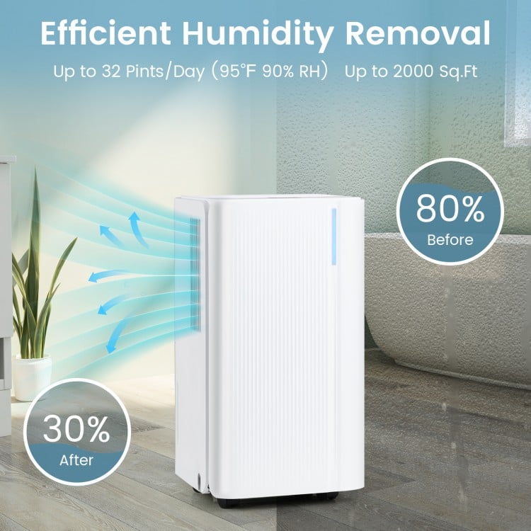 Portable dehumidifier in white, removing 32 pints/day for spaces up to 2000 sq.ft, featuring adjustable humidity.