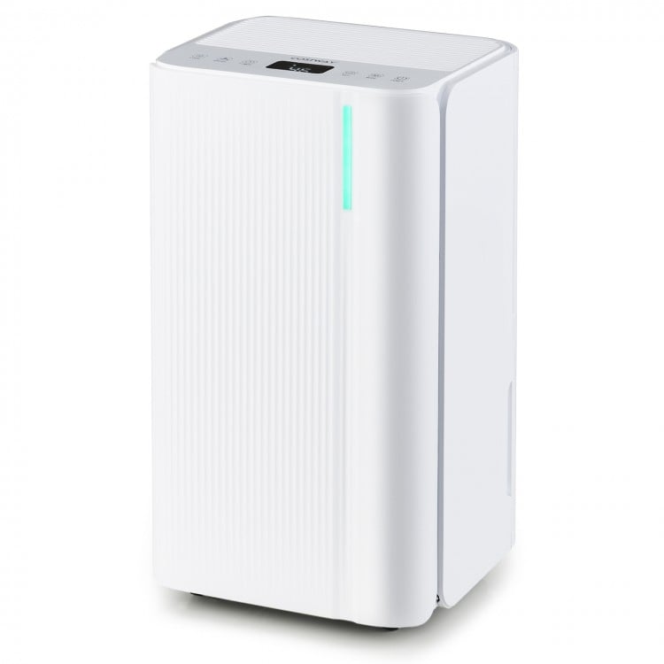 Portable 32-pint dehumidifier in white, featuring a smart LED display and adjustable humidity for home use.