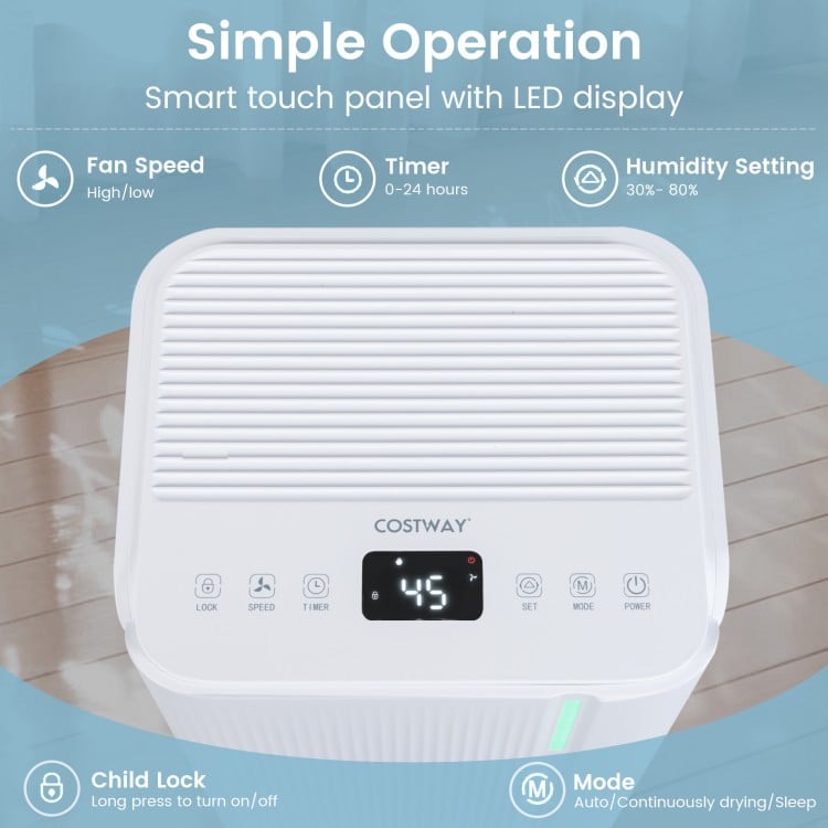 Portable dehumidifier with smart LED display, adjustable humidity settings, and 32 pints moisture removal for home use.