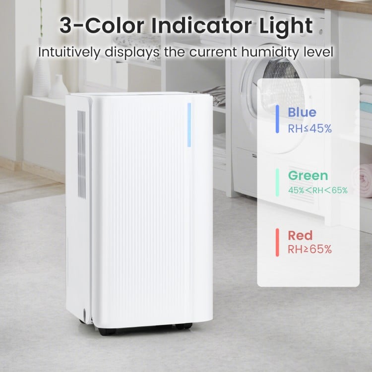 Portable dehumidifier in white with 3-color indicator light, designed for 2000 sq.ft coverage and adjustable humidity.