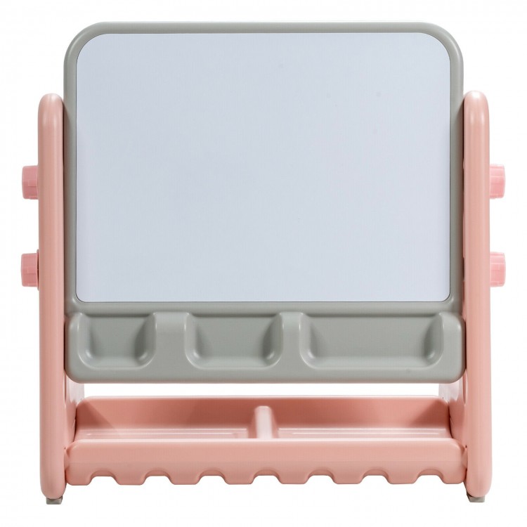 Kids easel table and chair set in pink with adjustable drawing board, ample storage slots, and rounded corners for.