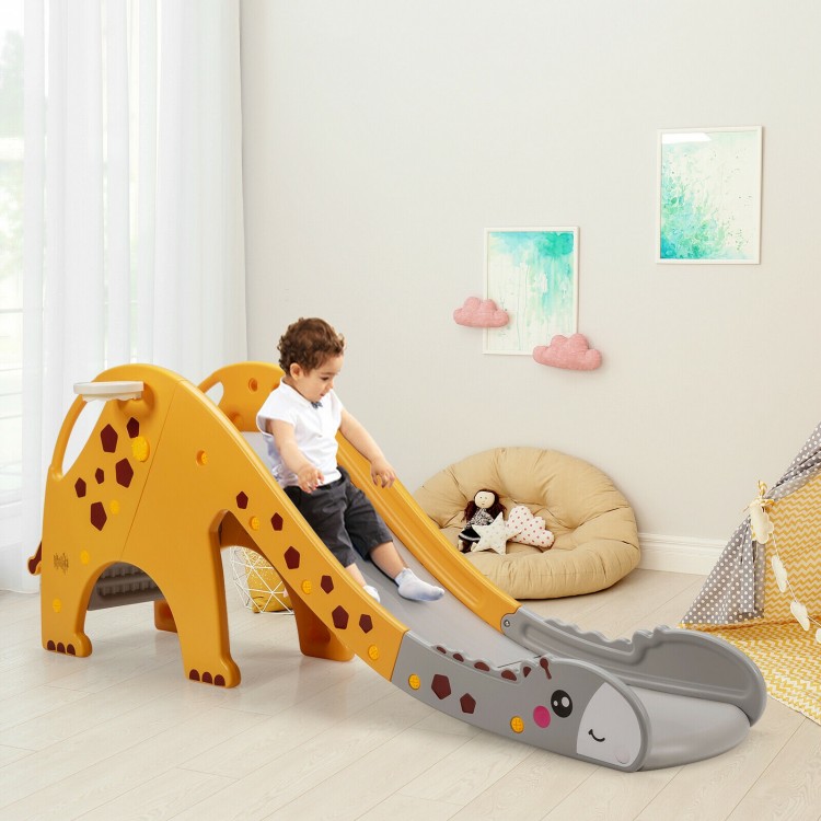 Kids climbing slide play set in yellow with basketball hoop, designed for ages 1-6, promoting fun and safe play.
