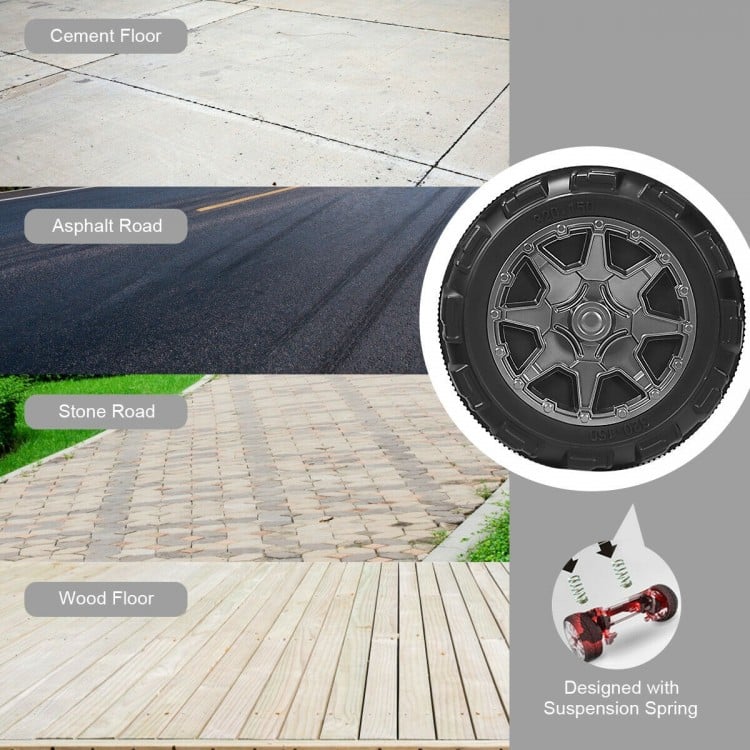 Close-up of the 12V 2-seater ride-on car's wheel, designed for smooth driving on various surfaces like wood and asphalt.