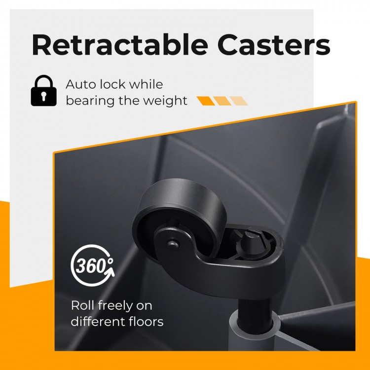 Close-up of retractable caster wheel for 330 lbs step stool, featuring auto lock and 360° movement on various floors.