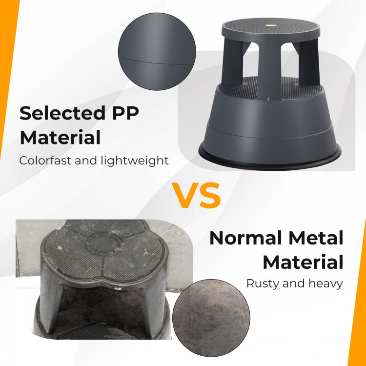 Comparison of a lightweight polypropylene step stool with a non-slip rubber platform versus a heavy, rusty metal stool.