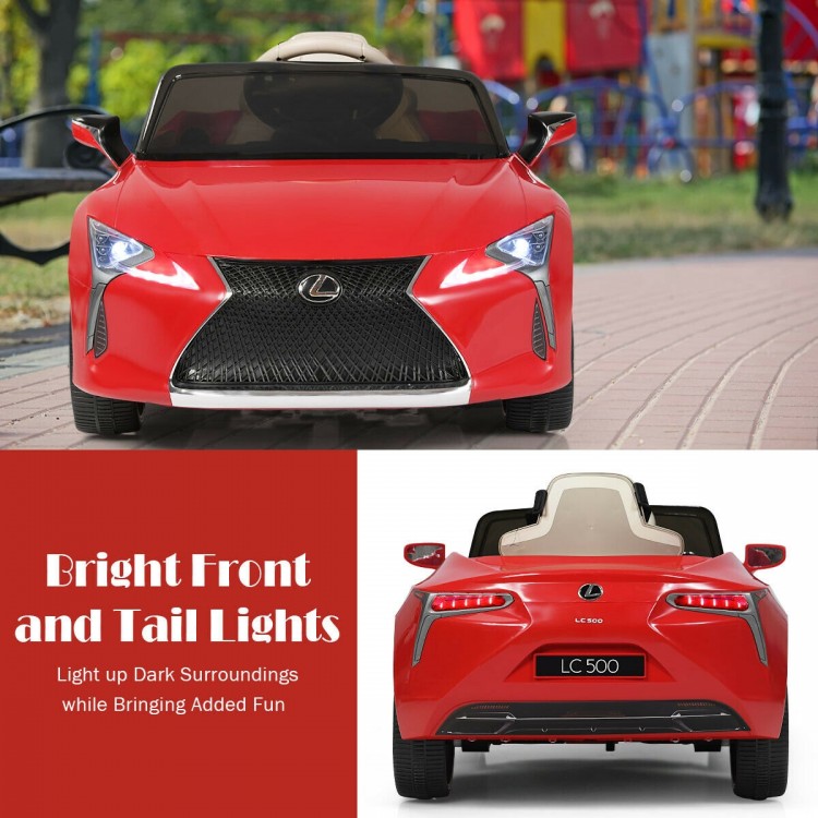 Lexus LC500 licensed kids' electric vehicle in red with bright front and tail lights for fun outdoor driving.