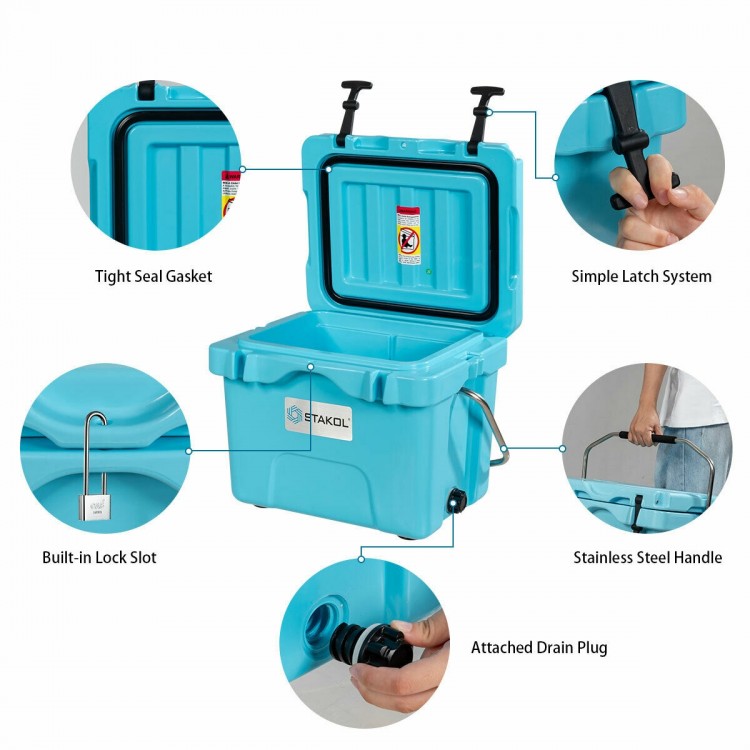 Portable insulated ice cooler in blue with 24-can capacity, tight seal gasket, and built-in lock slot for outdoor.