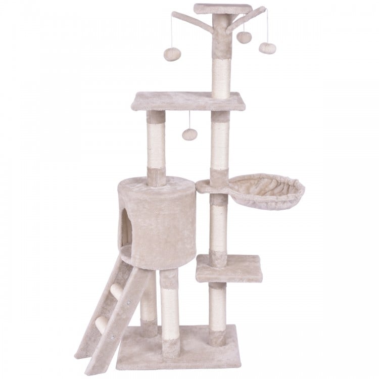 56-inch cat play tree with scratching posts, platforms, and a cozy hideaway, perfect for climbing and lounging.