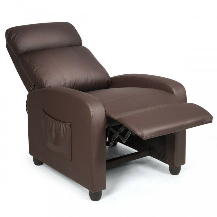 Brown recliner sofa wingback chair with adjustable angles, massage function, and side pocket for remote control storage.