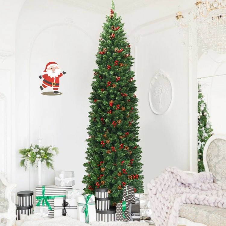7.5 feet pre-lit hinged pencil Christmas tree with red berries and pine cones, perfect for small spaces and holiday.