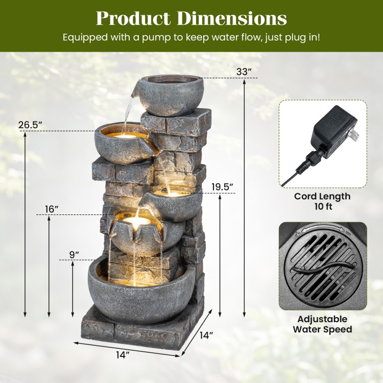 33" H Outdoor Water Fountain with LED Lights for Patio - Gallery View 4 of 10