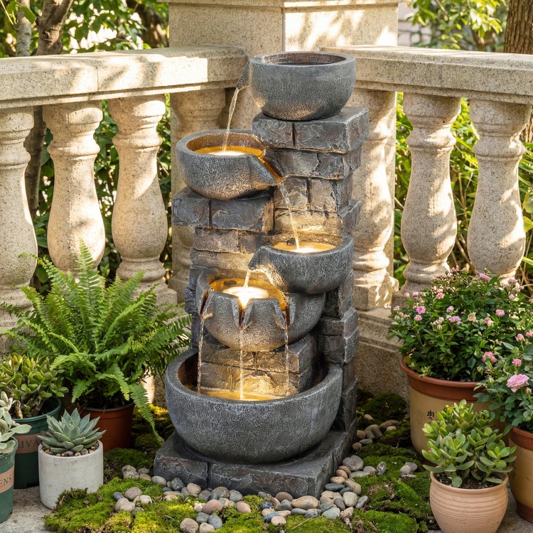 33" outdoor water fountain with LED lights, featuring a 5-tier cascading design and realistic gray stone finish for.