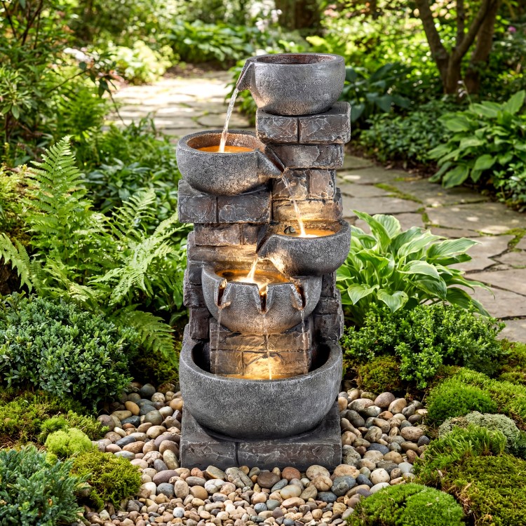 33" H outdoor water fountain with LED lights, featuring a 5-tier cascading design for a calming ambiance in your patio.