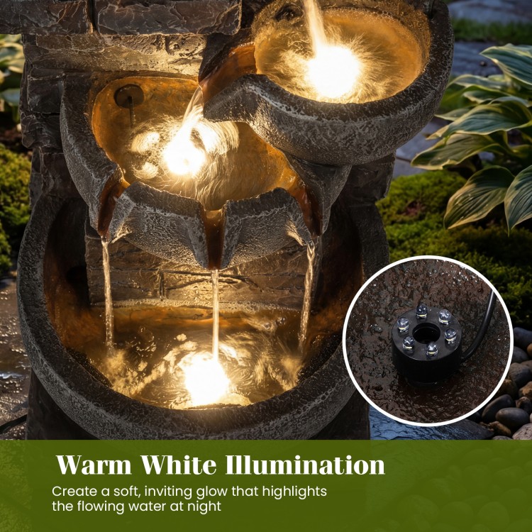 33" H outdoor water fountain with LED lights, featuring a 5-tier design and soft white illumination for a calming.