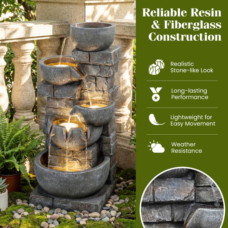 33" H outdoor water fountain with LED lights, featuring a 5-tier design and realistic gray stone look for a calming.