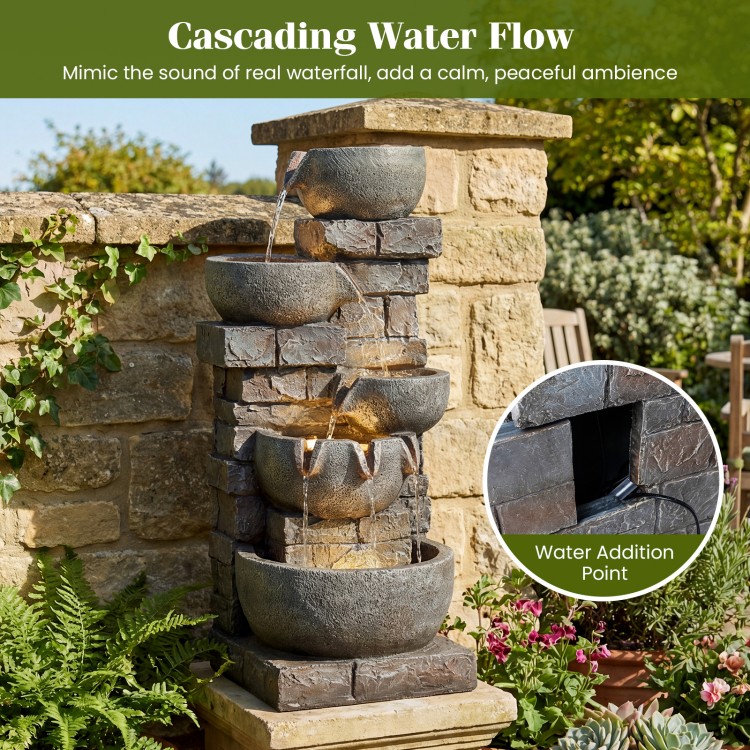 33" outdoor water fountain featuring a 5-tier cascading design, LED lights, and realistic gray stone for a calming.