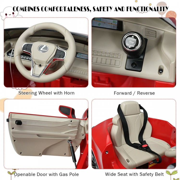 Lexus LC500 kids electric vehicle interior features steering wheel, safety belt, and openable door with gas pole.