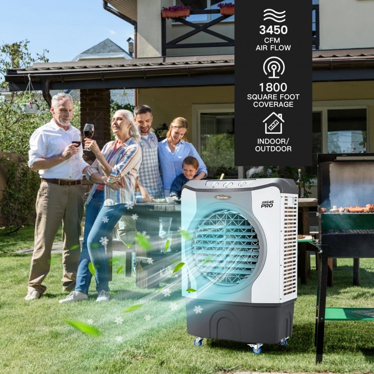 4-in-1 industrial evaporative air cooler with wheels, 3450 CFM airflow, ideal for outdoor gatherings and large spaces.