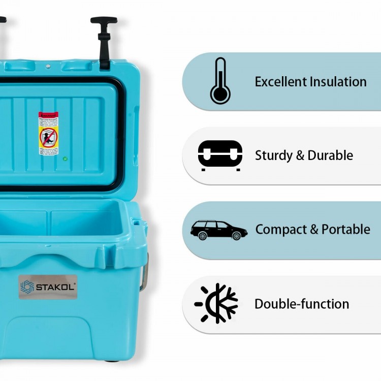 Portable blue insulated ice cooler with 24-can capacity, featuring sturdy design, cup holders, and excellent insulation.