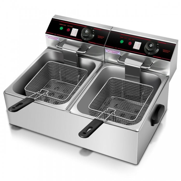 Dual tank electric countertop deep fryer with stainless-steel construction, separate temperature controls, and two.
