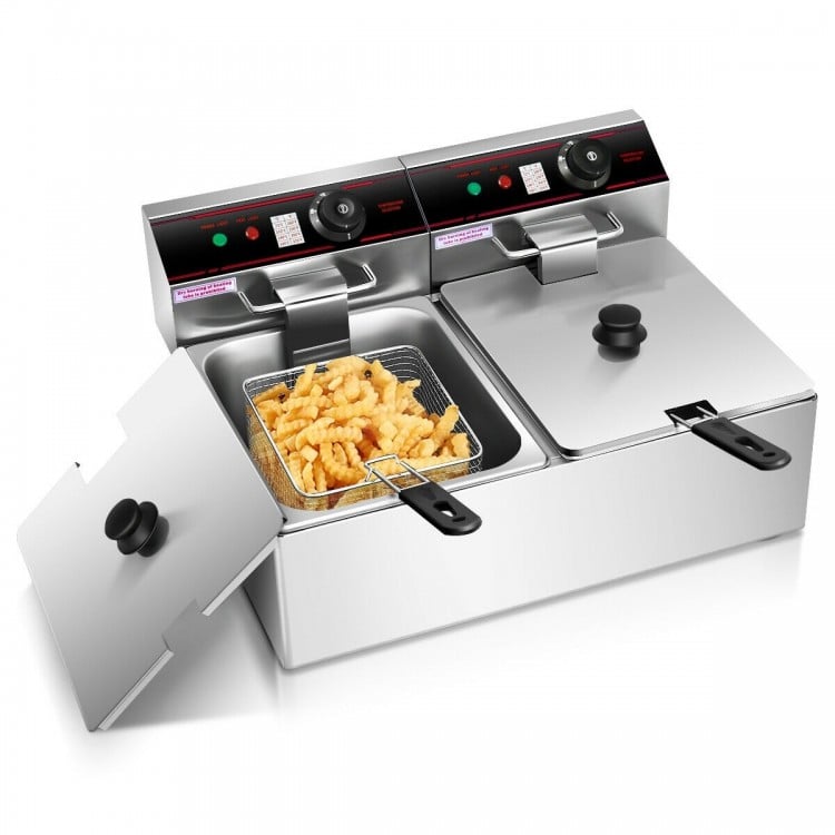 Dual tank electric countertop deep fryer with stainless-steel construction and two separate temperature controls for.