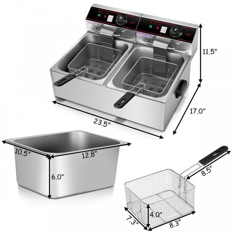 Dual tank electric countertop deep fryer with stainless-steel construction, separate temperature controls, and included.