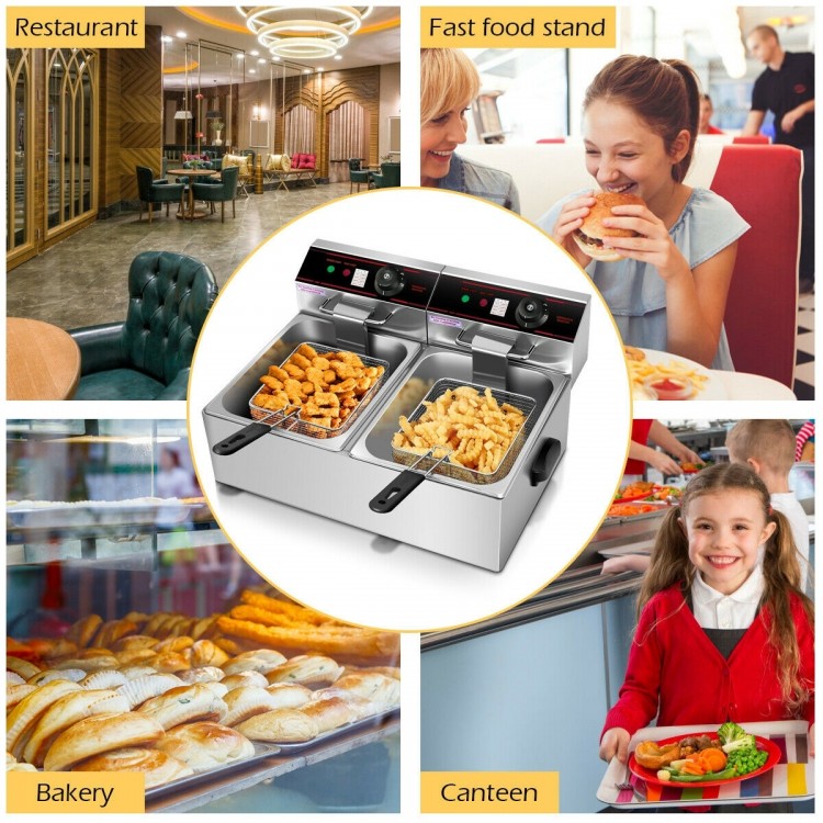 Dual tank electric countertop deep fryer with stainless-steel construction, ideal for restaurants and canteens.